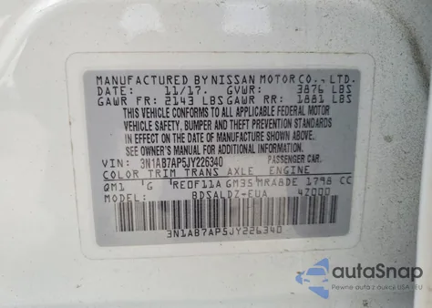 2018 Nissan Sentra S z USA, uszkodzony, nr VIN 3N1AB7AP5JY226340